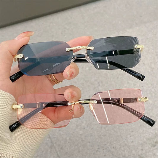 Trendy Rimless Rectangle Sunglasses Men Women 2024 Fashion New in Vintage Shades Eyewear Brand Design Ocean Lenses Sun Glasses