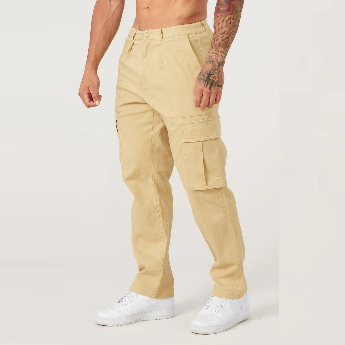 Men Khaki Wide Leg Pants Summer Male Button Pocket Loose Straight Cargo Full Trousers