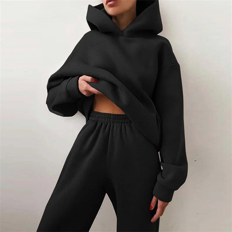 Women'S Tracksuit Suit Autumn Fashion Warm Hoodie Sweatshirts Two Pieces Oversized Solid Casual Hoody Pullovers Long Pant Sets