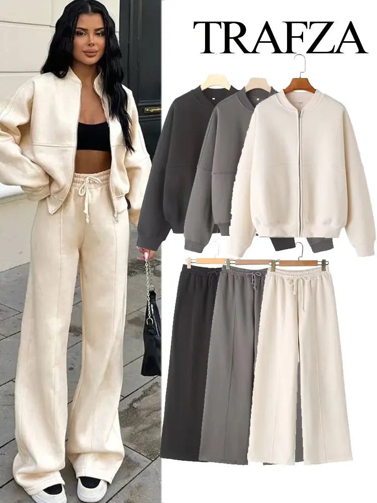 Women'S 2-Piece Retro Solid Color Zipper Bomber Jacket Sweatshirt + High-Waisted Lace-Up Women'S Loose Velvet Pants Suit