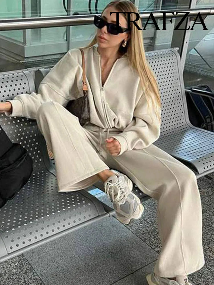 Women'S 2-Piece Retro Solid Color Zipper Bomber Jacket Sweatshirt + High-Waisted Lace-Up Women'S Loose Velvet Pants Suit