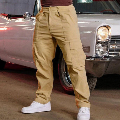 Men Khaki Wide Leg Pants Summer Male Button Pocket Loose Straight Cargo Full Trousers