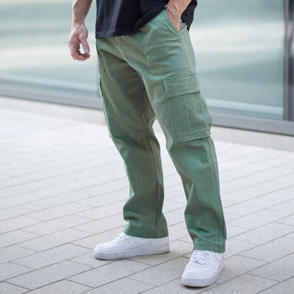 Men Khaki Wide Leg Pants Summer Male Button Pocket Loose Straight Cargo Full Trousers