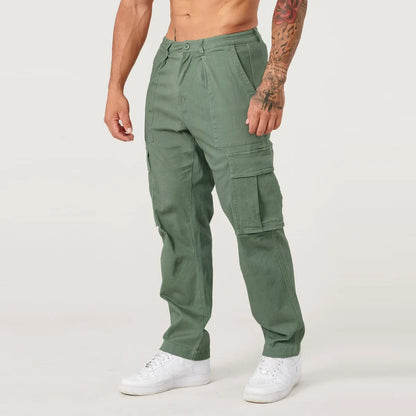 Men Khaki Wide Leg Pants Summer Male Button Pocket Loose Straight Cargo Full Trousers