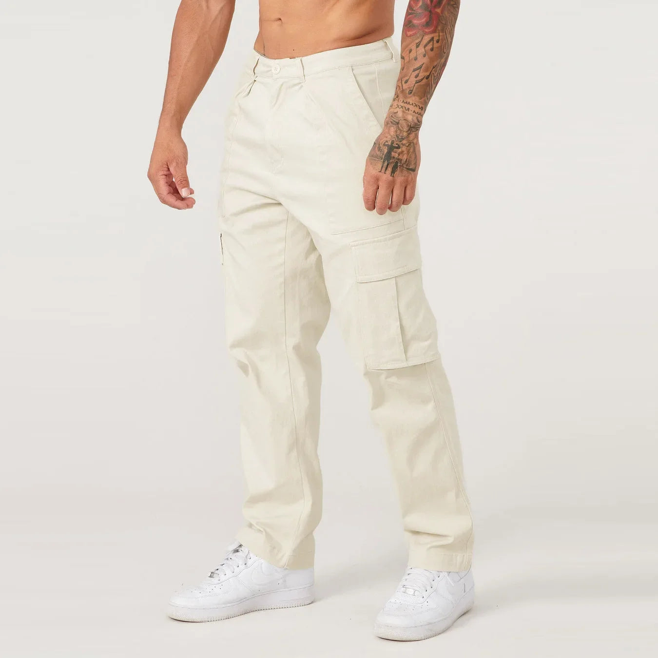 Men Khaki Wide Leg Pants Summer Male Button Pocket Loose Straight Cargo Full Trousers